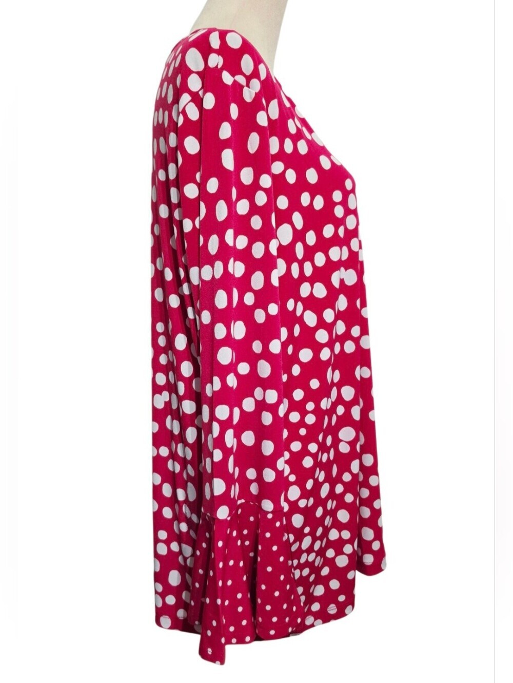 Susan Graver 1X Liquid Knit Tunic Top Pink White Polka Dot Bell Sleeve Stretch - Picture 2 of 11